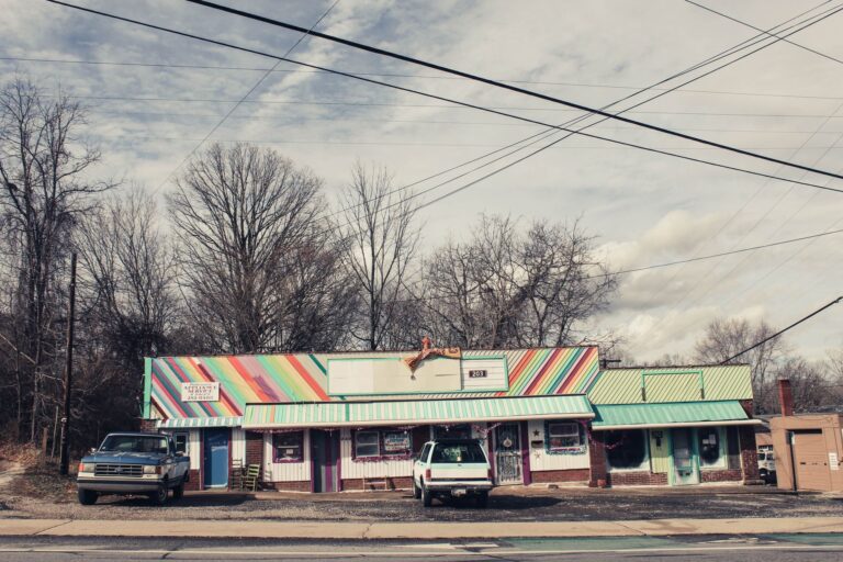 A small roadside store under bare winter trees.